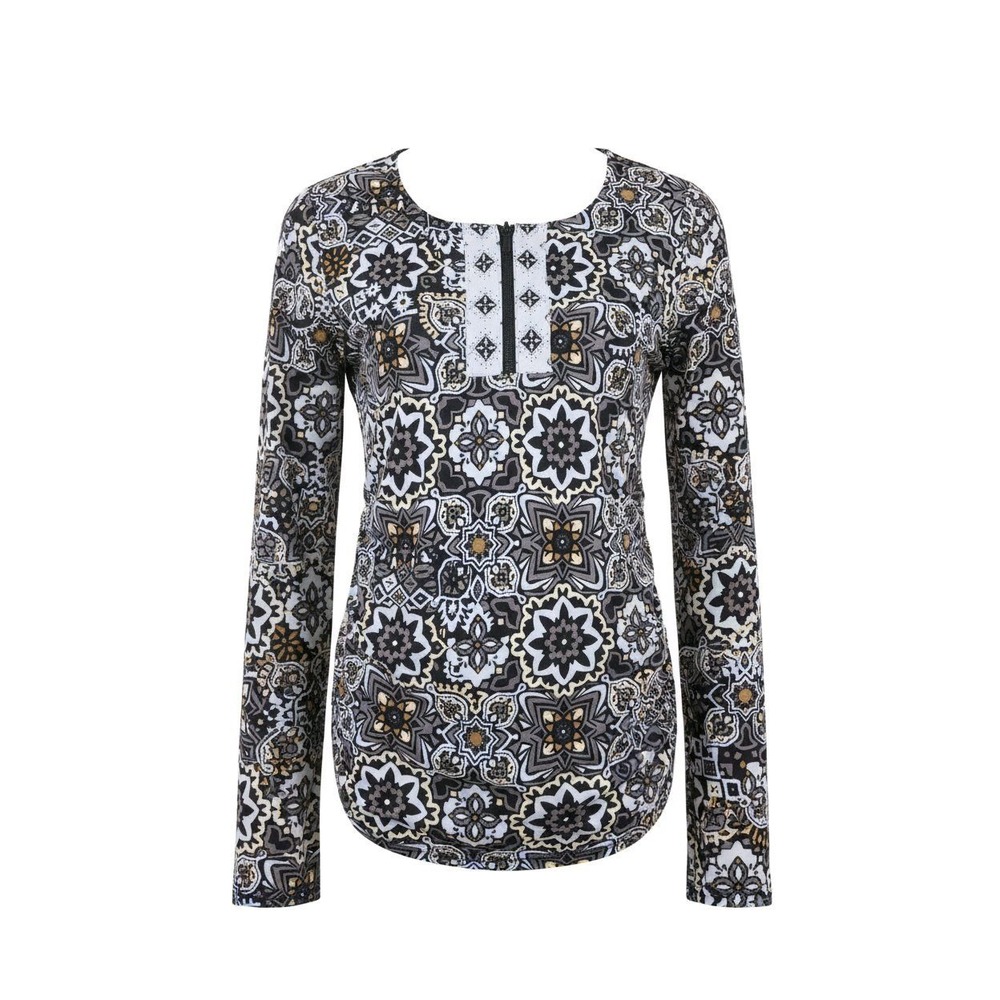 AmberNoon II Dr. Erum Ilyas UPF 50 Half-Zip Printed Rash Guard Top Sz XXS Boho